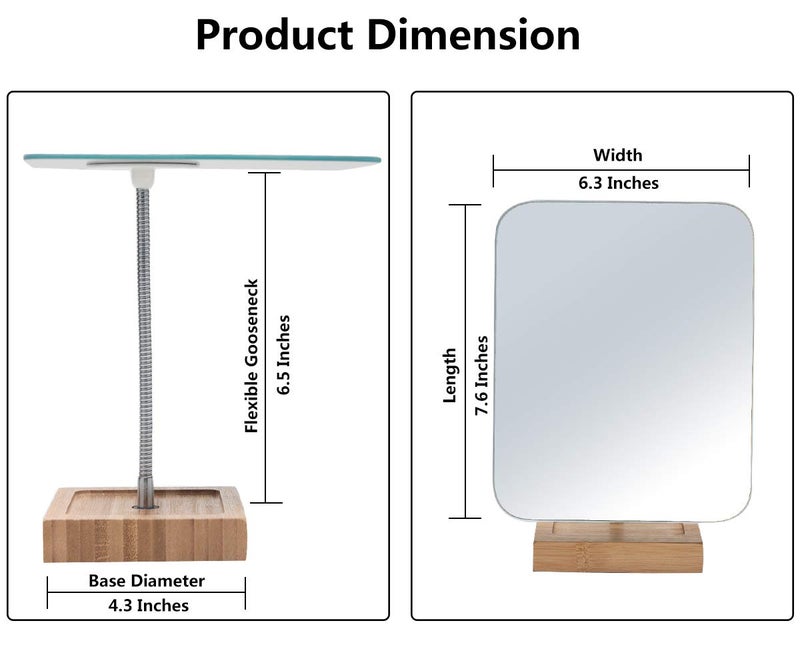 YEAKE Flexible Gooseneck Bamboo Vanity Makeup Mirror,360Â°Rotation 8" Large Frameless, Folding Portable Table Desk Mirror with Stand for Bathroom Shaving Make Up, Rectangle - Image 2